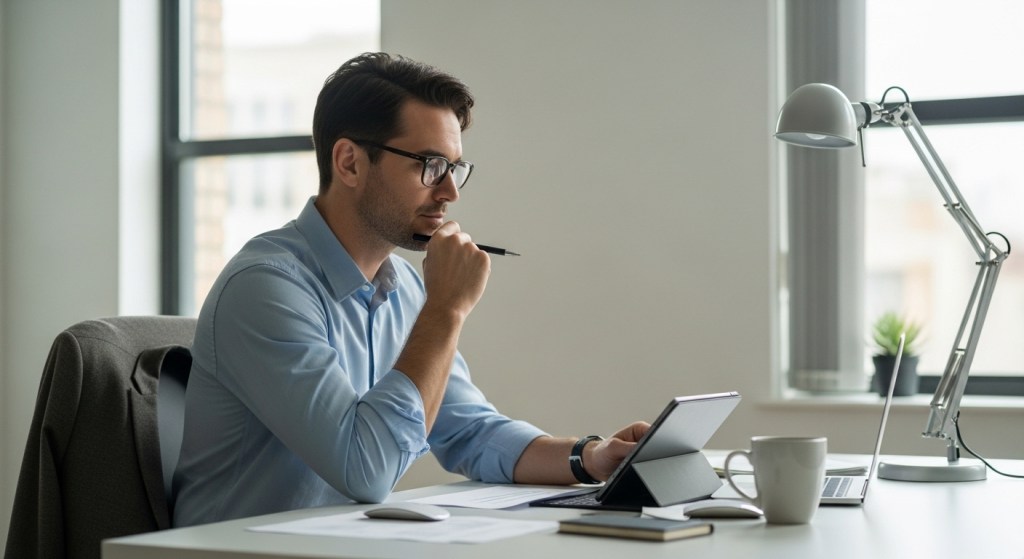 Female tech professional working in a modern, organized workspace with a notebook, tablet, and laptop, reflecting strategic planning and integrated decision-making.