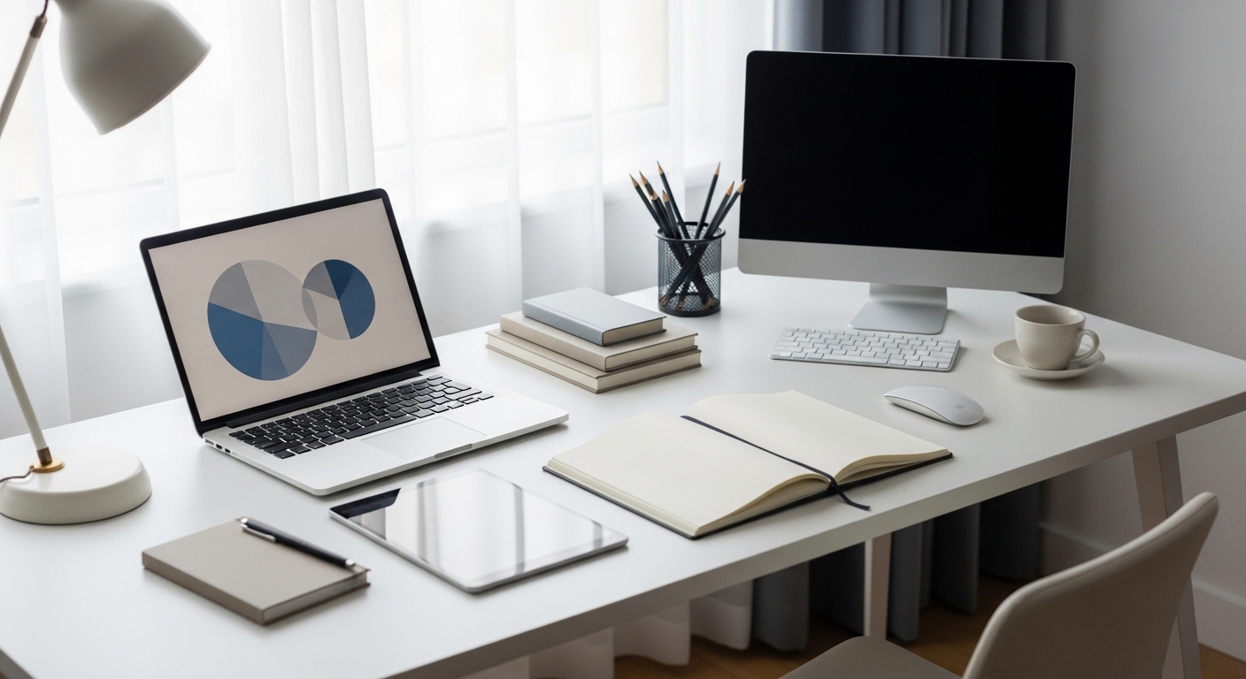 Modern tech workspace with a laptop, tablet, desktop monitor, and open notebook arranged neatly on a desk, representing intentional planning and strategic thinking.