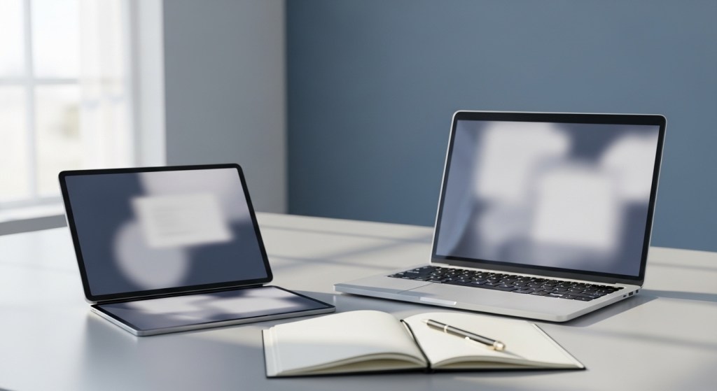 Modern tech workspace with a laptop, tablet, and open notebook arranged neatly on a desk, representing organized planning and strategic thinking.