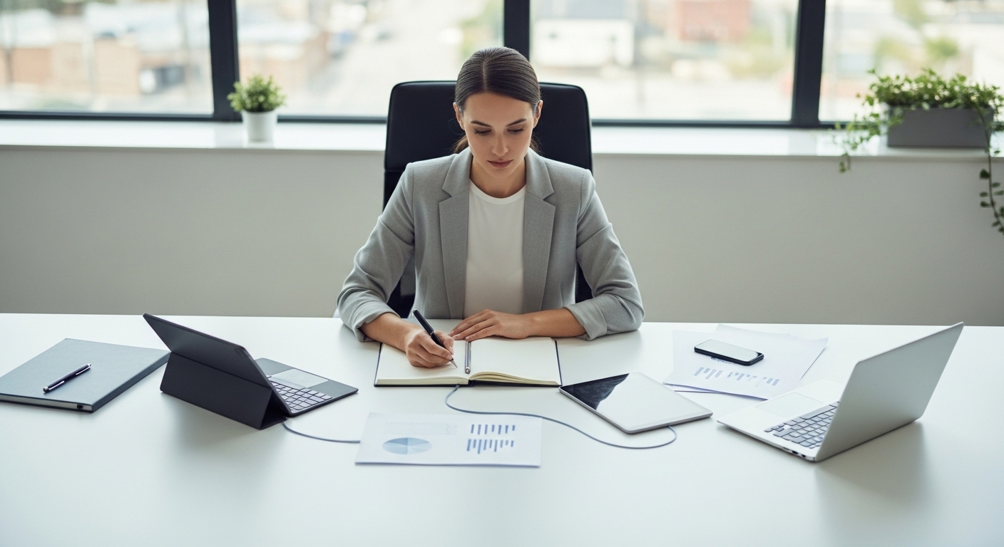 Female tech professional working in a modern, organized workspace with a notebook, tablet, and laptop, reflecting strategic planning and integrated decision-making
