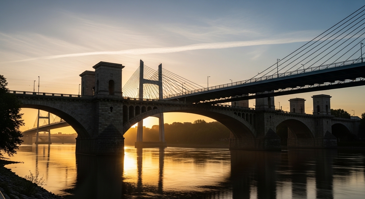 Architectural bridge at sunrise symbolizing structured estate planning and generational wealth transition.