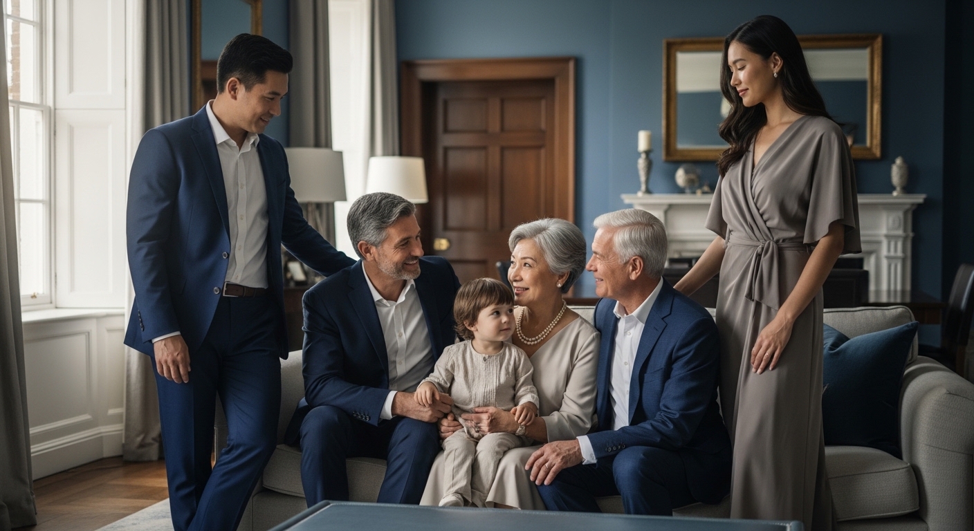 Multi-generational family gathered together in an elegant home setting, representing legacy and long-term wealth planning.