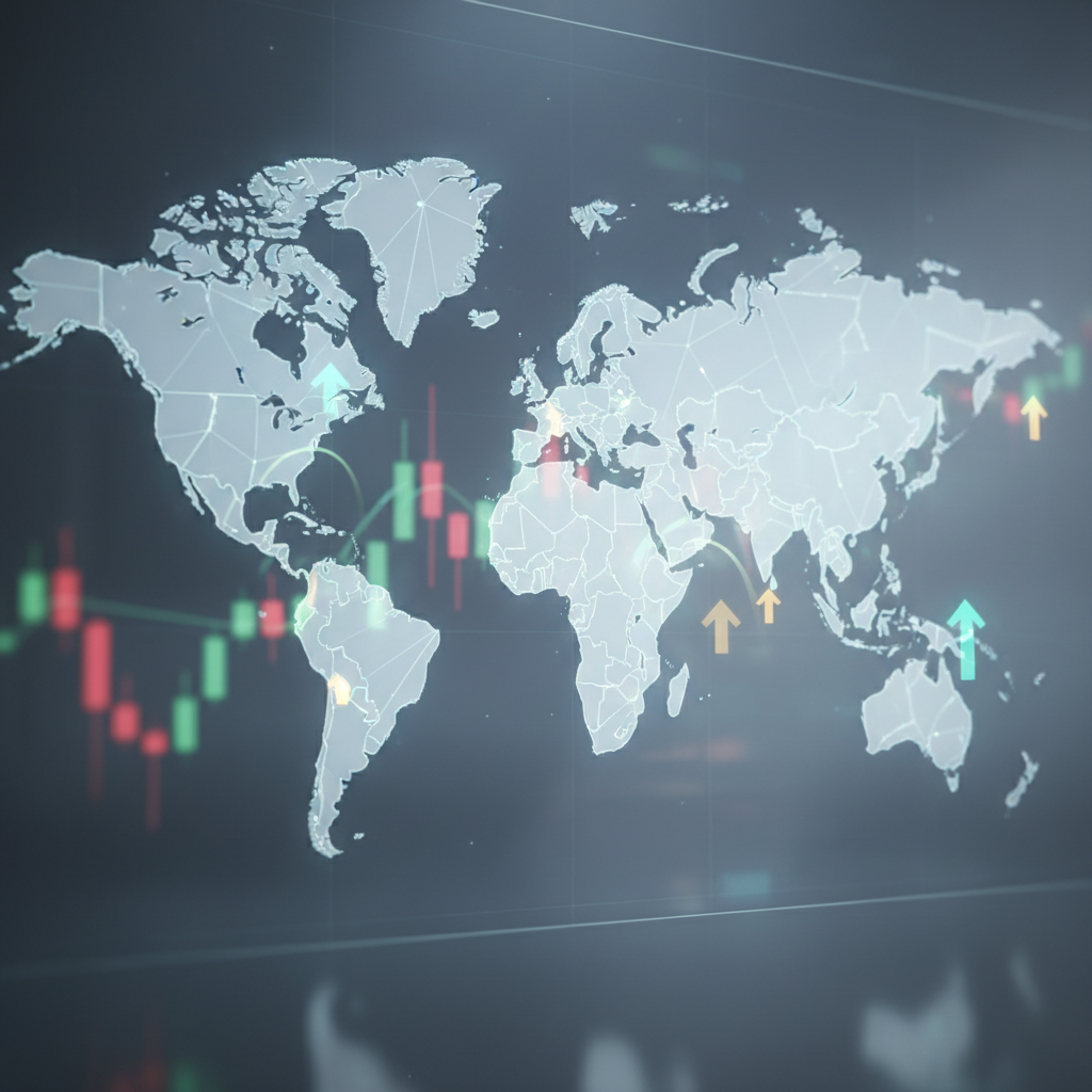 Digital world map illustrating global market performance with subtle upward indicators and balanced financial charts in the background.