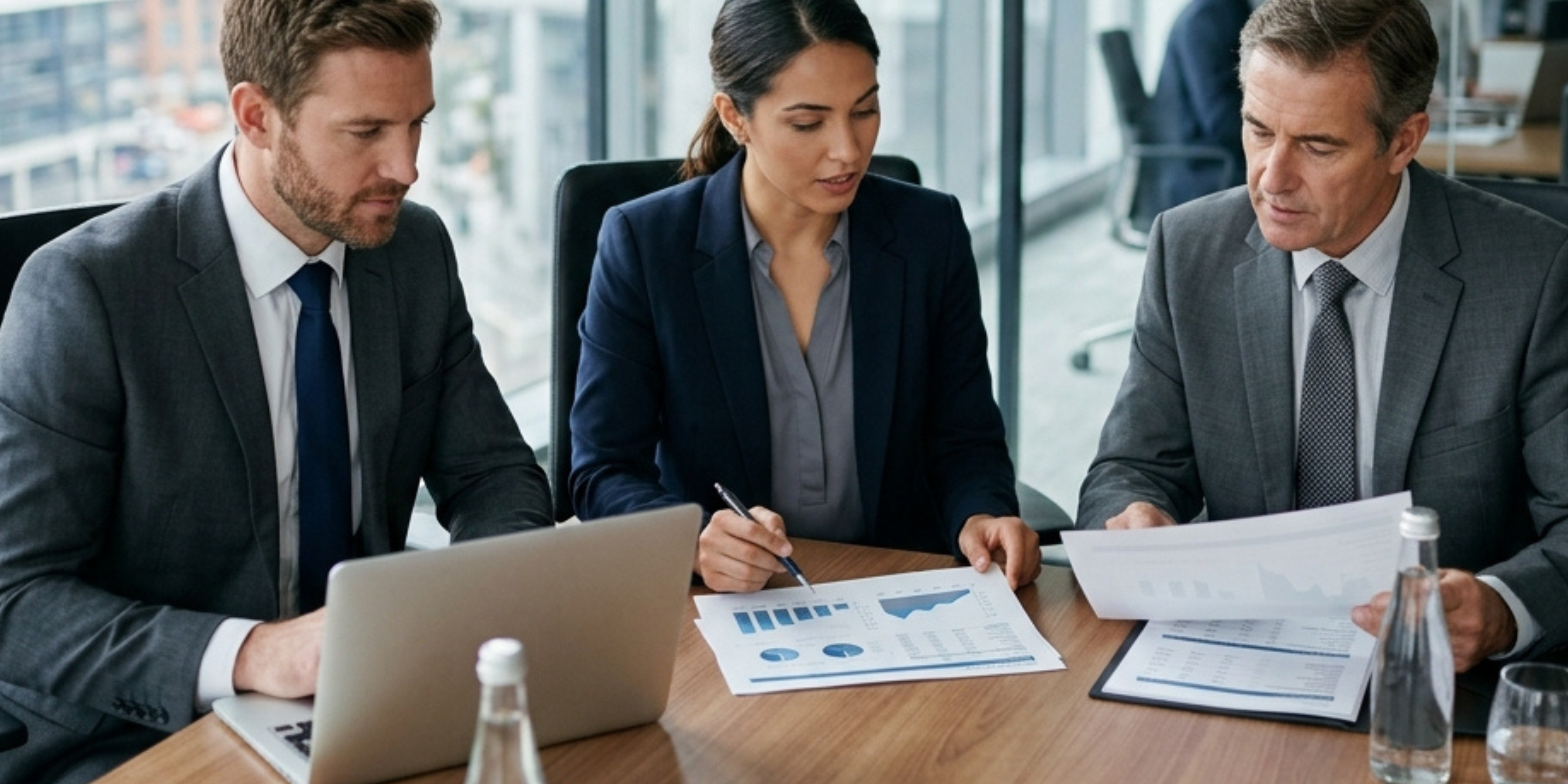 Two men and one woman reviewing financial charts and investment reports at a meeting table.