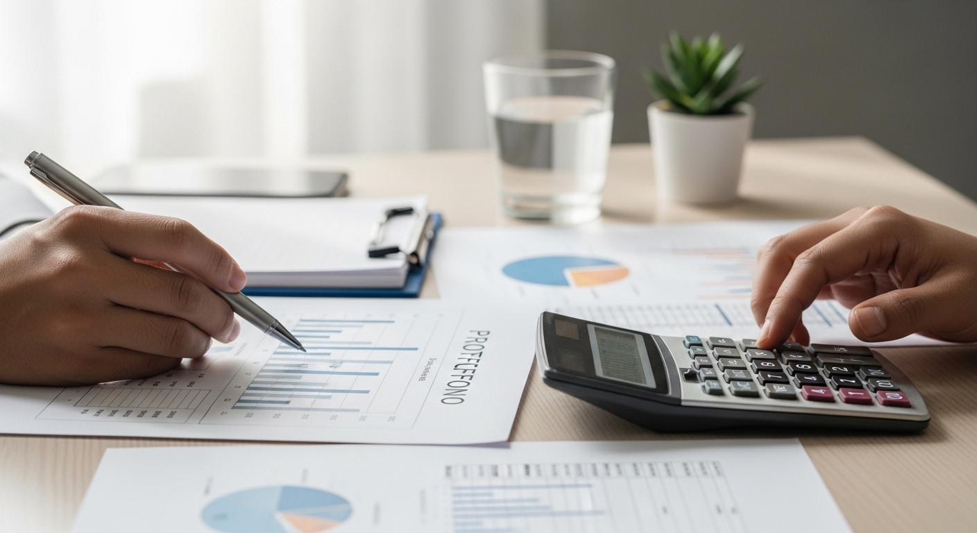Hands reviewing portfolio charts and using a calculator to analyze investment allocation and risk.