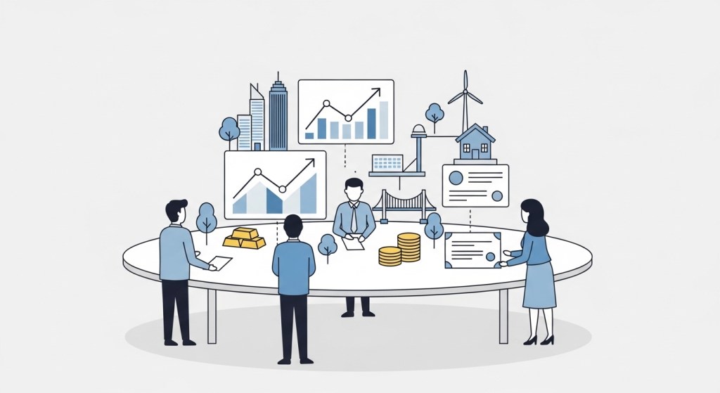 Illustration of people reviewing a diversified investment portfolio with real estate, infrastructure, and financial assets