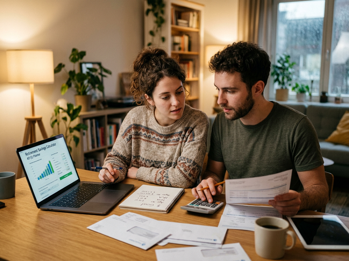 Couple using laptop with retirement savings calculator and reviewing paperwork