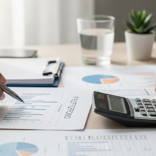 Hands reviewing portfolio charts and using a calculator to analyze investment allocation and risk.