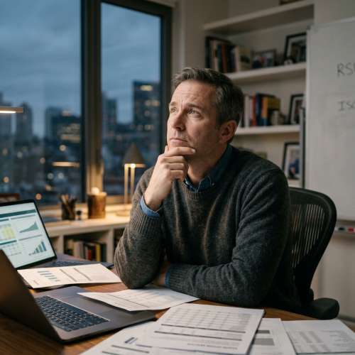 Man sitting at desk reviewing data charts on laptop and papers