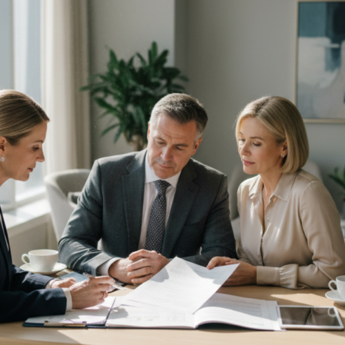 Financial advisor discussing estate planning documents with couple during consultation